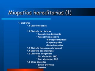Miopatías hereditarias (1)
1. Distrofias
1.1 Distrofinopatías
1.2 Distrofia de cinturas
* Autosómica dominante
* Autosómica recesiva
- Sarcoglicanopatías
- Calpainopatías
- Disferlinopatías
1.3 Distrofia facioescapulohumeral
1.4 Distrofia oculofaríngea
1.5 Distrofias congénitas
* Sin afectación SNC
* Con afectación SNC
1.6 Otras distrofias
* Emery-Dreyfuss
* Distales

 