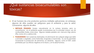 ¿Qué sustancias bioacumulables son
tóxicas?
 El ser humano da a los productos químicos múltiples aplicaciones; sin embargo,
algunos de ellos pueden ser peligrosos para el ambiente y para la salud.
Conozcamos algunos de ellos:
 METALES PESADOS: Existen naturalmente en la corteza terrestre, pero su
concentración en el ambiente puede incrementarse por la actividad minera, uso de
combustibles fósiles, entre otras. Algunos metales pesados son: mercurio (Hg), plomo
(Pb), cromo (Cr) y cadmio (Cd).
 PLAGUICIDAS: Son sustancias destinadas a la eliminación de cualquier plaga que dañe
a animales o vegetales, como herbicidas, fungicidas e insecticidas. Su uso ha permitido
incrementar la producción de alimentos; no obstante, algunos, como el DDT, están
prohibidos por sus efectos negativos en la fauna y en la salud humana.
 