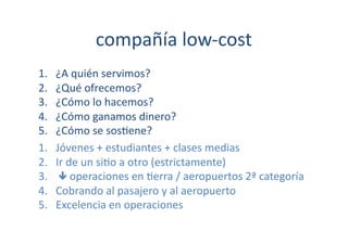 compañía	
  low-­‐cost	
  
1.    ¿A	
  quién	
  servimos?	
  
2.    ¿Qué	
  ofrecemos?	
  
3.    ¿Cómo	
  lo	
  hacemos?	
  
4.    ¿Cómo	
  ganamos	
  dinero?	
  
5.    ¿Cómo	
  se	
  sos[ene?	
  
1.    Jóvenes	
  +	
  estudiantes	
  +	
  clases	
  medias	
  
2.    Ir	
  de	
  un	
  si[o	
  a	
  otro	
  (estrictamente)	
  
3.    	
  	
  operaciones	
  en	
  [erra	
  /	
  aeropuertos	
  2ª	
  categoría	
  	
  
4.    Cobrando	
  al	
  pasajero	
  y	
  al	
  aeropuerto	
  
5.    Excelencia	
  en	
  operaciones	
  
 