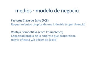 medios	
  ·∙	
  modelo	
  de	
  negocio	
  
Factores	
  Clave	
  de	
  Éxito	
  (FCE)	
  
Requerimientos	
  propios	
  de	
  una	
  industria	
  (supervivencia)	
  

Ventaja	
  Compe[[va	
  (Core	
  Competence)	
  
Capacidad	
  propia	
  de	
  la	
  empresa	
  que	
  proporciona	
  	
  
mayor	
  eﬁcacia	
  y/o	
  eﬁciencia	
  (éxito)	
  
 