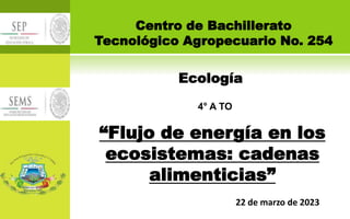 4° A TO
Ecología
“Flujo de energía en los
ecosistemas: cadenas
alimenticias”
Centro de Bachillerato
Tecnológico Agropecuario No. 254
22 de marzo de 2023
 