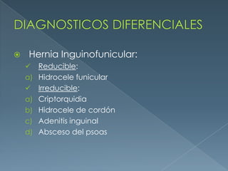 DIAGNOSTICOS DIFERENCIALESHernia Inguinofunicular:Reducible:Hidrocele funicularIrreducible:CriptorquidiaHidrocele de cordónAdenitis inguinalAbsceso del psoas