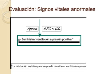 Evaluación: Signos vitales anormales


              Apnea           ó FC < 100

        • Suministrar   ventilación a presión positiva *




* La intubación endotraqueal se puede considerar en diversos pasos.
 