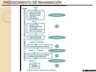 PROCEDIMIENTO DE REANIMACIÓN
             Tiempo         Nacimiento
            aproximad
                o
                        • ¿Ausencia de meconio?
                        • ¿Respira o llora?
                        • ¿Buen tono muscular?                    Evaluación inicial
                        • ¿Coloración rosada?
                        • Gestación a término?


                             No

                   • Suministrar calor
                   • Posicionar, despejar la vía                          A
                   aérea * (si es necesario)
                   • Secar, estimular,
                   reposicionar
                   • Dar oxígeno (si es
                   necesario)

                               Evaluar
                            respiraciones,                           Evaluación
                         frecuencia cardíaca
                             y coloración

                         Apnea          FC < 60


                     Suministrar ventilación a presión positiva           B

                     FC <                 FC > 60                    Evaluación
                      60

                    • Suministrar ventilaci+on a presión positiva*
                    • Administrar masaje cardíaco                         C

                    FC < 60                                          Evaluación

                          Administrar
                          adrenalina                                      D
                              *
             * La intubación endotraqueal se puede considerar en diversos
             pasos
                                                                                       © 2008 AAP/AHA
 