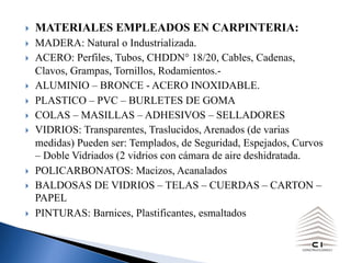 } MATERIALES EMPLEADOS EN CARPINTERIA:
} MADERA: Natural o Industrializada.
} ACERO: Perfiles, Tubos, CHDDN° 18/20, Cables, Cadenas,
Clavos, Grampas, Tornillos, Rodamientos.-
} ALUMINIO – BRONCE - ACERO INOXIDABLE.
} PLASTICO – PVC – BURLETES DE GOMA
} COLAS – MASILLAS – ADHESIVOS – SELLADORES
} VIDRIOS: Transparentes, Traslucidos, Arenados (de varias
medidas) Pueden ser: Templados, de Seguridad, Espejados, Curvos
– Doble Vidriados (2 vidrios con cámara de aire deshidratada.
} POLICARBONATOS: Macizos, Acanalados
} BALDOSAS DE VIDRIOS – TELAS – CUERDAS – CARTON –
PAPEL
} PINTURAS: Barnices, Plastificantes, esmaltados
 
