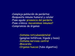 -Compleja población de parásitos
-Respuesta inmune humoral y celular
-Fase aguda: presencia del parásito
-Fase crónica: mecanismos inmunes?
-Compromiso de órganos


      -Sistema reticuloendotelial
       (ganglios linfáticos, hígado y bazo)
      -Sistema nervioso central
      -Miocardio
      -Organos huecos (tubo digestivo)
 