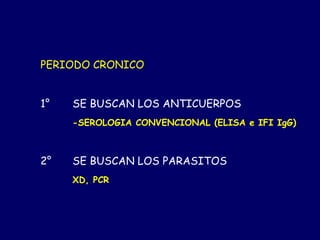 PERIODO CRONICO


1°   SE BUSCAN LOS ANTICUERPOS
     -SEROLOGIA CONVENCIONAL (ELISA e IFI IgG)



2°   SE BUSCAN LOS PARASITOS
     XD, PCR
 