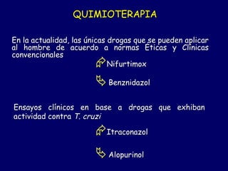 QUIMIOTERAPIA

En la actualidad, las únicas drogas que se pueden aplicar
al hombre de acuerdo a normas Éticas y Clínicas
convencionales
                            Nifurtimox

                         Benznidazol
Ensayos clínicos en base a drogas que exhiban
actividad contra T. cruzi

                        Itraconazol
                         Alopurinol
 