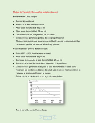 11
Modelo de Transición Demográfica (estado más puro)
Primera fase o Ciclo Antiguo:
 Europa Noroccidental
 Anterior a la Revolución Industrial
 Altas tasas de natalidad: 38 por mil
 Altas tasas de mortalidad: 32 por mil
 Crecimiento natural o vegetativo: 0.6 por ciento
 Características generales: pérdida de energía poblacional.
Muchos nacimientos para sostener una población que se ve acuciada por las
hambrunas, pestes, escasez de alimentos y guerras.
Segunda etapa o primera de la transición:
 Entre 1790 y 1850 (fluctúa según autores)
 Altas tasas de natalidad: 38 por mil
 Comienza a descender la tasa de mortalidad: 24 por mil
 Aumento de la tasa del crecimiento vegetativo: 1.4 por ciento
 Características generales: la baja de la tasa de mortalidad se debe a una
mejora en las condiciones básicas de salud: uso de jabón, incorporación de la
rutina de la limpieza del hogar y la ciudad.
Existencia de stock alimenticio por agricultura capitalista.
Tasa de Mortalidad Mundial. Fuente: Google
 