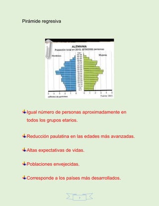 7
Pirámide regresiva
Igual número de personas aproximadamente en
todos los grupos etarios.
Reducción paulatina en las edades más avanzadas.
Altas expectativas de vidas.
Poblaciones envejecidas.
Corresponde a los países más desarrollados.
 