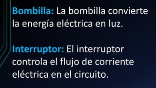 Bombilla: La bombilla convierte
la energía eléctrica en luz.
Interruptor: El interruptor
controla el flujo de corriente
eléctrica en el circuito.
 
