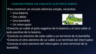 CONSTRUYENDO UN CIRCUITO ELÉCTRICO SIMPLE
•Para construir un circuito eléctrico simple, necesitas:
• Una batería
• Dos cables
• Una bombilla
• Un interruptor
•Conecta un cable al polo negativo de la batería y el otro cable al
polo positivo de la batería.
•Conecta un extremo de cada cable a un terminal de la bombilla.
•Conecta el otro extremo de un cable a un terminal del interruptor.
•Conecta el otro extremo del interruptor al otro terminal de la
bombilla.
 