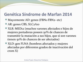Genética Síndrome de Marfan 2014
Mayormente AD: genes (FBN1-FBN2- etc)
AR: genes CBS, SLC2A10
XLR: MED12 (muchos varones afectados e hijos de
mujeres portadoras poseen 50% de chances de
transmitir la mutación a sus hijos, que si son varones
tienen 50% de chances de ser afectados)
XLD: gen FLNA (hombres afectados y mujeres
afectadas por diferentes grados de inactivación del
crom X)
Andrea Puppio- Bioquímica Patológica-
 