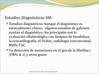 Estudios Diagnósticos SM
Estudios diagnósticos Aunque el diagnóstico es
esencialmente clínico, algunos estudios de gabinete
ayudan al diagnóstico, los principales son la
evaluación oftalmológica con lámpara de hendidura,
la ecocardiografía, el Holter, radiología convencional,
RMN/TAC
La detección de mutaciones en el gen de la fibrilina 1
(FBN1 & 2) y otros genes
Andrea Puppio- Bioquímica Patológica-
 