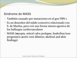 Síndrome de MASS
• También causado por mutaciones en el gen FBN-1
• Es un desorden del tejido conectivo relacionado con
S. de Marfan, pero con una forma menos agresiva de
los hallazgos cardiovasculares
• MASS (myopia, mitral valve prolapse, boderline/non
progressive aortic root dilation, skeletal and skin
findings)
Andrea Puppio- Bioquímica Patológica-
 