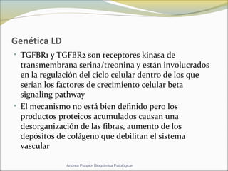 Genética LD
• TGFBR1 y TGFBR2 son receptores kinasa de
transmembrana serina/treonina y están involucrados
en la regulación del ciclo celular dentro de los que
serían los factores de crecimiento celular beta
signaling pathway
• El mecanismo no está bien definido pero los
productos proteicos acumulados causan una
desorganización de las fibras, aumento de los
depósitos de colágeno que debilitan el sistema
vascular
Andrea Puppio- Bioquímica Patológica-
 