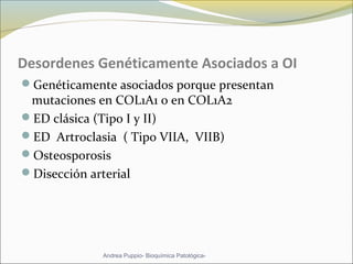 Desordenes Genéticamente Asociados a OI
Genéticamente asociados porque presentan
mutaciones en COL1A1 o en COL1A2
ED clásica (Tipo I y II)
ED Artroclasia ( Tipo VIIA, VIIB)
Osteosporosis
Disección arterial
Andrea Puppio- Bioquímica Patológica-
 