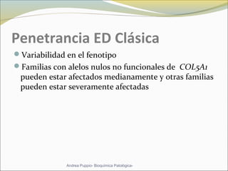 Penetrancia ED Clásica
Variabilidad en el fenotipo
Familias con alelos nulos no funcionales de COL5A1
pueden estar afectados medianamente y otras familias
pueden estar severamente afectadas
Andrea Puppio- Bioquímica Patológica-
 