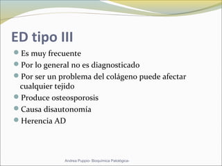 ED tipo III
Es muy frecuente
Por lo general no es diagnosticado
Por ser un problema del colágeno puede afectar
cualquier tejido
Produce osteosporosis
Causa disautonomía
Herencia AD
Andrea Puppio- Bioquímica Patológica-
 