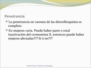 Penetrancia
La penetrancia en varones de las distrofinopatías es
completa
En mujeres varía. Puede haber parte o total
inactivación del cromosóma X, entonces puede haber
mujeres afectadas??? Si ó no???X afectado
Andrea Puppio- Bioquímica Patológica-
 