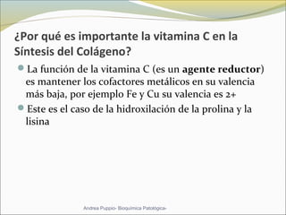 ¿Por qué es importante la vitamina C en la
Síntesis del Colágeno?
La función de la vitamina C (es un agente reductor) 
es mantener los cofactores metálicos en su valencia 
más baja, por ejemplo Fe y Cu su valencia es 2+ 
Este es el caso de la hidroxilación de la prolina y la 
lisina
Andrea Puppio- Bioquímica Patológica-
 