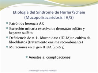 Etiología del Síndrome de Hurler/Scheie
(Mucopolisacaridosis I H/S)
Patrón de herencia AR
Excresión urinaria excesiva de dermatan sulfáto y 
heparan sulfáto
Deficiencia de α- L- iduronidasa (IDUA)en cultivo de 
fibroblastos (tratamiento enzima recombinante)
Mutaciones en el gen IDUA (4p16.3)
Anestesia: complicaciones
Andrea Puppio- Bioquímica Patológica-
 