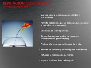 REPUTACIÓN CORPORATIVA
¿Por qué es importante?


                          • Agrega valor a la relación con clientes y
                            stakeholders.

                          • Permite cobrar más por un producto (uno compra
                            el respaldo de la empresa).

                          • Diferencia de la competencia.

                          • Atrae a los mejores socios de negocios
                            (inversionistas, proveedores).

                          • Protege a la empresa en tiempos de crisis.

                          • Retiene los talentos y atrae mejores postulantes.

                          • Refuerza la recordación de marca.

                          • Impacta la última línea del negocio.
 