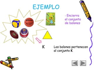 EJEMPLO- Encierra  el conjunto de balonesKLos balones pertenecen al conjunto K.
