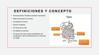 D E F I N I C I O N E S Y C O N C E P TO
• Personas Edad -Problema sanitario importante
• Motivo frecuente de consulta
• Constipación crónica:
• Genera molestias
• No amenaza la vida
• No debilita al individuo
• “El cáncer de colon puede manifestarse por
constipación, pero el estreñimiento no aumenta
su riesgo”
 