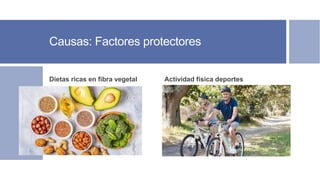 Causas: Factores protectores
Dietas ricas en fibra vegetal Actividad física deportes
 