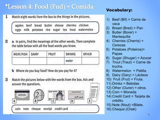 Vocabulary:
1) Beef (Bif) = Carne de
vaca
2) Bread (Bred) = Pan
3) Butter (Borer) =
Mantequilla
4) Cherries (Cherris) =
Cerezas
5) Potatoes (Poteiros)=
Papas
6) Sugar (Shugar) = Azucar
7) Trout (Traut) = Carne de
trucha.
8) Watermelon = Patilla.
9) Dairy (Dary) = Lácteos
10) Fruit (Frut) = Fruta.
11) Drinks = Bebidas
12) Other (Ourer) = otros.
13) Coin = Moneda
14) Credit Card = Tarjeta de
crédito.
15) Note (Nout) =Bilete.
16) Cheque (Chek)
 