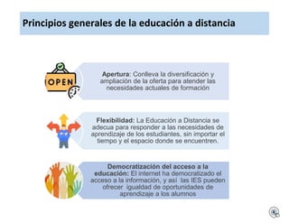 Principios generales de la educación a distancia
Apertura: Conlleva la diversificación y
ampliación de la oferta para atender las
necesidades actuales de formación
Flexibilidad: La Educación a Distancia se
adecua para responder a las necesidades de
aprendizaje de los estudiantes, sin importar el
tiempo y el espacio donde se encuentren.
Democratización del acceso a la
educación: El internet ha democratizado el
acceso a la información, y así las IES pueden
ofrecer igualdad de oportunidades de
aprendizaje a los alumnos
 
