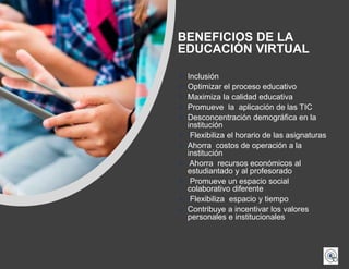 BENEFICIOS DE LA
EDUCACIÓN VIRTUAL
 Inclusión
 Optimizar el proceso educativo
 Maximiza la calidad educativa
 Promueve la aplicación de las TIC
 Desconcentración demográfica en la
institución
 Flexibiliza el horario de las asignaturas
 Ahorra costos de operación a la
institución
 Ahorra recursos económicos al
estudiantado y al profesorado
 Promueve un espacio social
colaborativo diferente
 Flexibiliza espacio y tiempo
 Contribuye a incentivar los valores
personales e institucionales
 