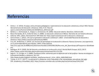 Referencias
• Aretio, L. G. (2016). El juego y otros principios pedagógicos. Supervivencia en la educación a distancia y virtual. RIED. Revista
Iberoamericana de Educación a Distancia, 19(2), 9-23. http://e-
spacio.uned.es/fez/eserv/bibliuned:20258/hacia_definicion.pdf
• Barbera, E., Romiszowski, A., Sangrà, A., & Simonson, M. (2006). Educación abierta. Barcelona. Editorial UOC.
• Bosco Hernández, M. D., & Barrón Soto, H. (2008). La educación a distancia en México: Narrativa de una historia silenciosa.
• Editorial: APEL. (2021). Retrieved from APEl Web site: https://apel.es/evolucion-de-la-educacion-a-distancia/
• García Aretio, L. (2012). ¿Por qué va ganando la educación a distancia?. UNED - Universidad Nacional de Educación a
Distancia. https://elibro.net/es/lc/udima/titulos/48401
• Cruz, M., & Martínez, S. (2014). Los recursos de aprendizaje en la educación a distancia. Nuevos escenarios: una experiencia
en la Universidad Abierta para Adultos, UAPA. Fondo Editorial
http://rai.uapa.edu.do:8080/xmlui/bitstream/handle/123456789/196/Recursos_del_Aprendizaje.pdf?sequence=1&isAllowe
d=y
• Rodríguez, M. R. (2020). Rol del docente y estudiante en la educación virtual. Revista Multi-Ensayos, 6(12), 28-37.
https://www.camjol.info/index.php/multiensayos/article/view/10117/11795
• Segura, J. A., & Ciges, A. S. (2000). Enseñanza online: elementos para la definición del rol del profesor. Nuevas tecnologías en
la formación flexible y a distancia, 351-372.
http://www.quadernsdigitals.net/datos_web/hemeroteca/r_11/nr_185/a_2609/2609.html
• Torres, A. N. C. (2017). La educación a distancia como respuesta a las necesidades educativas del siglo
XXI. Academia y Virtualidad, 10(1). https://revistas.unimilitar.edu.co/index.php/ravi/article/view/2241/2507
 