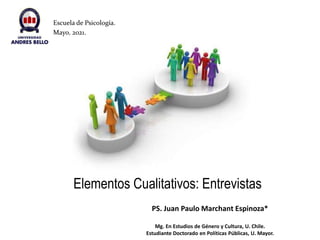 Elementos Cualitativos: Entrevistas
PS. Juan Paulo Marchant Espinoza*
Mg. En Estudios de Género y Cultura, U. Chile.
Estudiante Doctorado en Políticas Públicas, U. Mayor.
Escuela de Psicología.
Mayo, 2021.
 