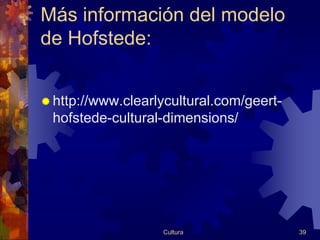 Más información del modelo
de Hofstede:


 http://www.clearlycultural.com/geert-
 hofstede-cultural-dimensions/




     ...