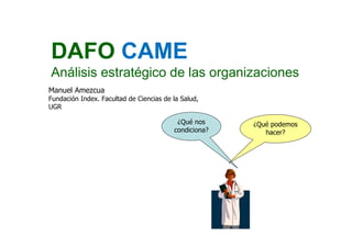DAFO CAME
Análisis estratégico de las organizaciones
Manuel Amezcua
Fundación Index. Facultad de Ciencias de la Salud,
UGR
¿Qué nos
condiciona?
¿Qué podemos
hacer?
 