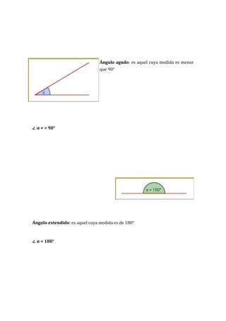 Ángulo agudo: es aquel cuya medida es menor
                                que 90°




∠ α = < 90°




Ángulo extendido: es aquel cuya medida es de 180°



∠ α = 180°
 