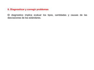 6. Diagnosticar y corregir problemas 
El diagnostico implica evaluar los tipos, cantidades y causas de las 
desviaciones de los estándares. 
 