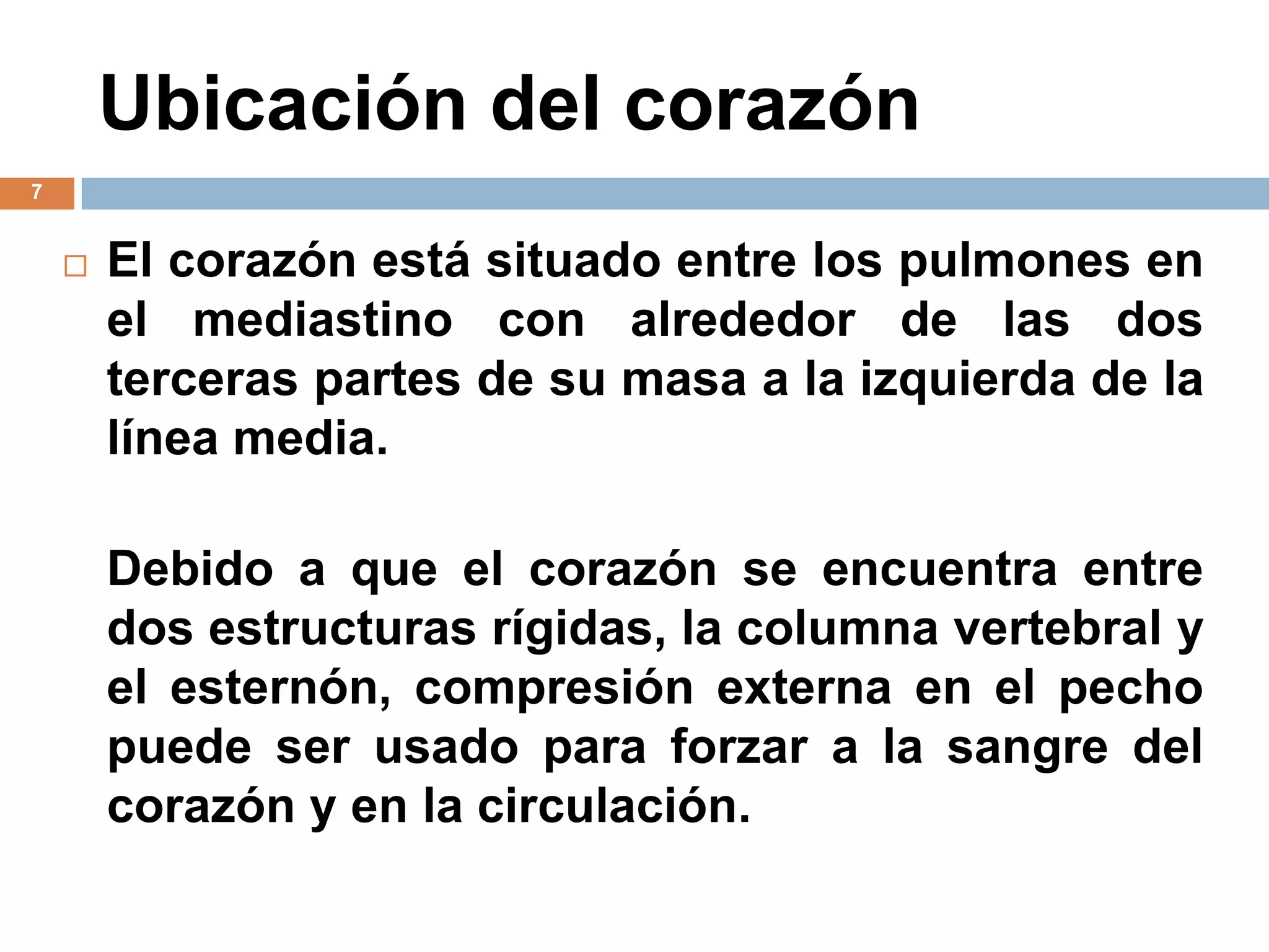 Ubicación del corazón
7
 El corazón está situado entre los pulmones en
el mediastino con alrededor de las dos
terceras partes de su masa a la izquierda de la
línea media.
Debido a que el corazón se encuentra entre
dos estructuras rígidas, la columna vertebral y
el esternón, compresión externa en el pecho
puede ser usado para forzar a la sangre del
corazón y en la circulación.
 