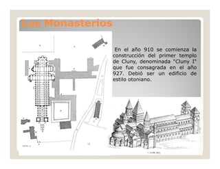 Los Monasterios
En el año 910 se comienza la
construcción del primer templo
de Cluny, denominada "Cluny I"
que fue consagrada en el año
927. Debió ser un edificio de
estilo otoniano.

 