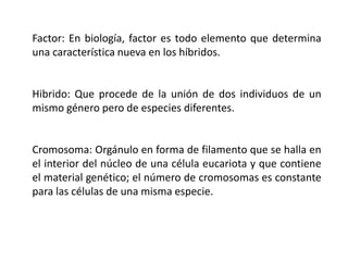 Factor: En biología, factor es todo elemento que determina
una característica nueva en los híbridos.
Hibrido: Que procede de la unión de dos individuos de un
mismo género pero de especies diferentes.
Cromosoma: Orgánulo en forma de filamento que se halla en
el interior del núcleo de una célula eucariota y que contiene
el material genético; el número de cromosomas es constante
para las células de una misma especie.
 