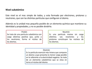 Nivel subatómico
Este nivel es el mas simple de todos, y esta formado por electrones, protones y
neutrones, que son las distintas partículas que configuran el átomo.
Además es la unidad mas pequeña posible de un elemento químico que mantiene su
identidad y propiedades, y no es posible dividirlo.
Protón
Se trata de una partícula subatómica con
carga eléctrica positiva que, junto a
los neutrones, forma el núcleo de
los átomos.
Electrón
Es la partícula esencial más liviana que compone
un átomo y que presenta la menor carga posible
en lo referente a la electricidad negativa. Se trata
de un elemento subatómico que se sitúa en
torno al núcleo del átomo
Neutrón
Es una partícula masiva sin carga
eléctrica. Los neutrones y los
protones constituyen los núcleos de
los átomos.
 