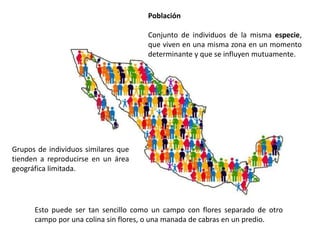 Grupos de individuos similares que
tienden a reproducirse en un área
geográfica limitada.
Población
Conjunto de individuos de la misma especie,
que viven en una misma zona en un momento
determinante y que se influyen mutuamente.
Esto puede ser tan sencillo como un campo con flores separado de otro
campo por una colina sin flores, o una manada de cabras en un predio.
 