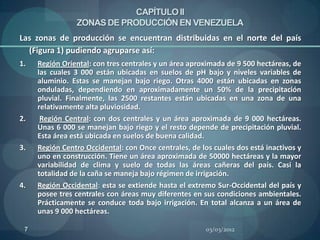 CAPÍTULO II
                ZONAS DE PRODUCCIÓN EN VENEZUELA
Las zonas de producción se encuentran distribuidas en el norte del país
  (Figura 1) pudiendo agruparse así:
1.   Región Oriental: con tres centrales y un área aproximada de 9 500 hectáreas, de
     las cuales 3 000 están ubicadas en suelos de pH bajo y niveles variables de
     aluminio. Estas se manejan bajo riego. Otras 4000 están ubicadas en zonas
     onduladas, dependiendo en aproximadamente un 50% de la precipitación
     pluvial. Finalmente, las 2500 restantes están ubicadas en una zona de una
     relativamente alta pluviosidad.
2.    Región Central: con dos centrales y un área aproximada de 9 000 hectáreas.
     Unas 6 000 se manejan bajo riego y el resto depende de precipitación pluvial.
     Esta área está ubicada en suelos de buena calidad.
3.   Región Centro Occidental: con Once centrales, de los cuales dos está inactivos y
     uno en construcción. Tiene un área aproximada de 50000 hectáreas y la mayor
     variabilidad de clima y suelo de todas las áreas cañeras del país. Casi la
     totalidad de la caña se maneja bajo régimen de irrigación.
4.   Región Occidental: esta se extiende hasta el extremo Sur-Occidental del país y
     posee tres centrales con áreas muy diferentes en sus condiciones ambientales.
     Prácticamente se conduce toda bajo irrigación. En total alcanza a un área de
     unas 9 000 hectáreas.

 7                                                      03/03/2012
 