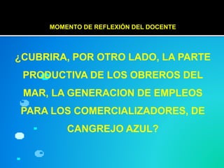 MOMENTO DE REFLEXIÓN DEL DOCENTE
¿CUBRIRA, POR OTRO LADO, LA PARTE
PRODUCTIVA DE LOS OBREROS DEL
MAR, LA GENERACION DE EMPLEOS
PARA LOS COMERCIALIZADORES, DE
CANGREJO AZUL?
 