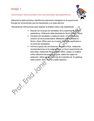 Anejo 1
Instrucciones: Para el análisis crítico de resultados del experimento.
Utilizando la tabla periódica, identifica los elementos trabajados en el experimento.
Escoge los componentes que los representan y su base atómica.
Recuerda las instrucciones para redactar el análisis crítico y las estadísticas:
▪ Discute con el grupo los resultados de tu experimento o datos
estadísticos. (Utilizando tabla diseñada en Word u Open Office)
▪ Compara los resultados y explica la razón, si los resultados
variaron de otros presentados. (Mediante gráfica creada en
Word u Open Office para ver si existe diferencia significativa o
no entre los resultados).
▪ Informa al grupo las conclusiones de forma crítica, realizando
recomendaciones en la realización de un futuro experimento de
esta clase. (Utilizando Word u Open Office, realiza un análisis
crítico utilizando las preguntas guías. Aplica las reglas de
redacción. Utiliza sangría, no más de 2 párrafos de 15 palabras
cada oración, letra 12 Arial y doble espacio).
 