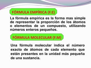 FÓRMULA EMPÍRICA (F.E)
La fórmula empírica es la forma mas simple
de representar la proporción de los átomos
o elementos de un compuesto, utilizando
números enteros pequeños.
FÓRMULA MOLECULAR (F.M)
Una fórmula molecular indica el número
exacto de átomos de cada elemento que
están presentes en la unidad más pequeña
de una sustancia.
 