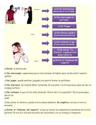 a) Evitar la distracción.
b) No interrumpir, esperemos que el otro termine de hablar para recién emitir nuestra
opinión.
c) No juzgar, puede sentirse juzgada y no querrá contar su problema
d) No intervenir sin todavía haber terminado de escuchar a la otra persona, para así dar un
consejo certero.
e) No rechazar lo que el otro esté sintiendo. Evitar decir la expresión:” No te preocupes,
eso no es
nada”
f) No contar tu historia cuando el otro desea hablarte. Sé empático, tal vez el toro te
necesita.
g) Evitar el “síndrome del experto”, el que ya tienes las respuestas al problema de la otra
persona.Tal vez él o ella solo necesita ser escuchado y no un consejo o respuesta.
 
