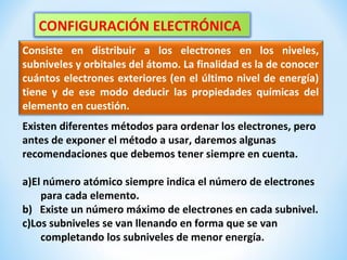CONFIGURACIÓN ELECTRÓNICA
Consiste en distribuir a los electrones en los niveles,
subniveles y orbitales del átomo. La finalidad es la de conocer
cuántos electrones exteriores (en el último nivel de energía)
tiene y de ese modo deducir las propiedades químicas del
elemento en cuestión.
Existen diferentes métodos para ordenar los electrones, pero
antes de exponer el método a usar, daremos algunas
recomendaciones que debemos tener siempre en cuenta.
a)El número atómico siempre indica el número de electrones
para cada elemento.
b) Existe un número máximo de electrones en cada subnivel.
c)Los subniveles se van llenando en forma que se van
completando los subniveles de menor energía.

 